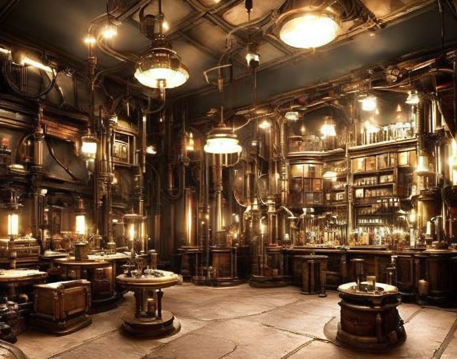 Vintage steampunk library with brass lamps, wooden bookshelves, and industrial pipes