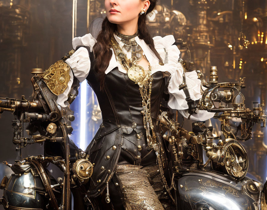 Steampunk-themed woman with cogwheel accessories and mechanical arms in brass gear backdrop