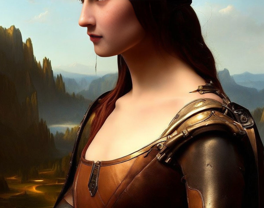 Digital Artwork: Woman in Medieval Armor Profile Amid Serene Landscape