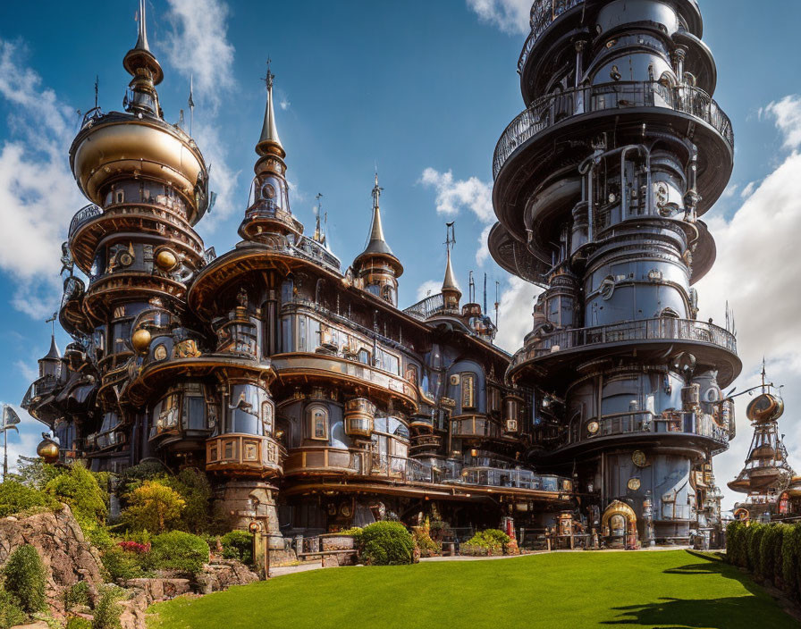 Steampunk cityscape with bronze towers and metallic details under clear blue sky