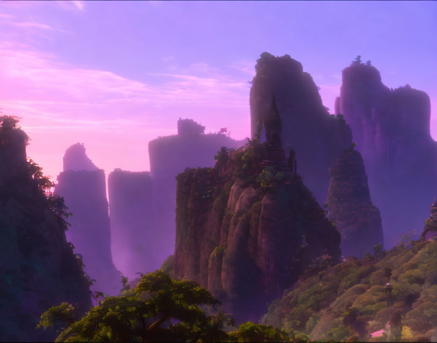 Mystical landscape: towering rock pillars in forest under purple sky