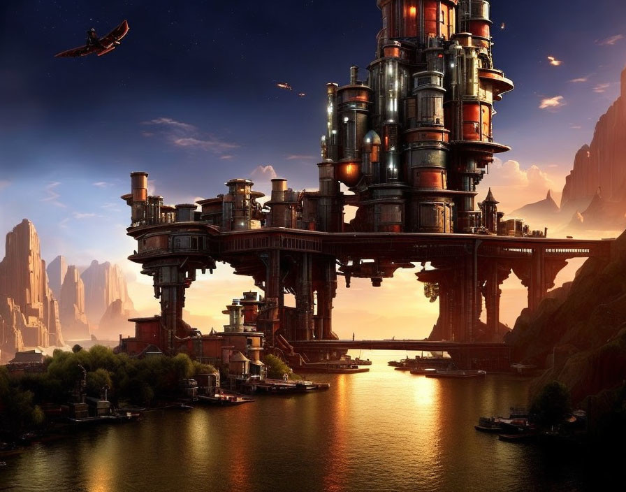 Futuristic cityscape with towering structures and flying vehicles at sunset