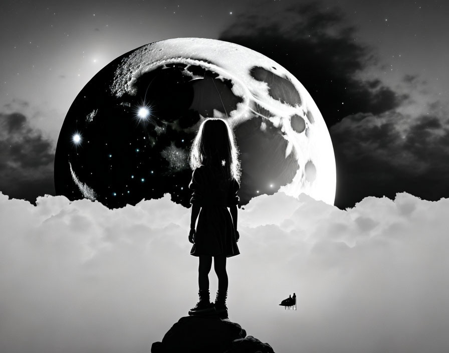 Silhouette of young girl on peak under crescent moon and stars