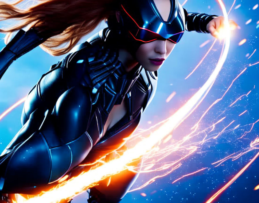 Female superhero in blue and black suit emitting bright energy against cosmic backdrop