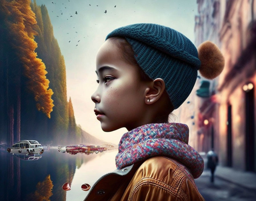 Girl in green beanie gazes contemplatively at surreal city-forest blend