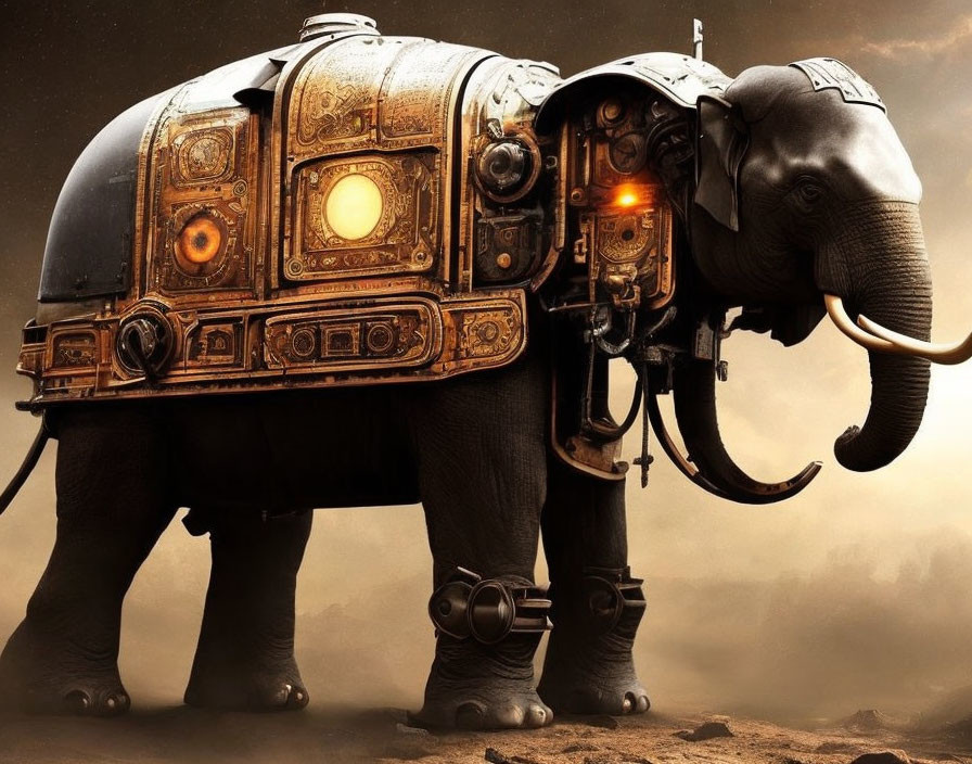 Steampunk-themed elephant with ornate mechanical armor on left side