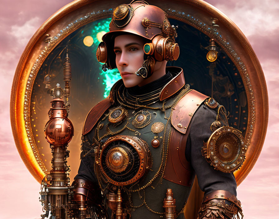 Steampunk-themed person in brass and leather attire against mechanical backdrop under pink sky