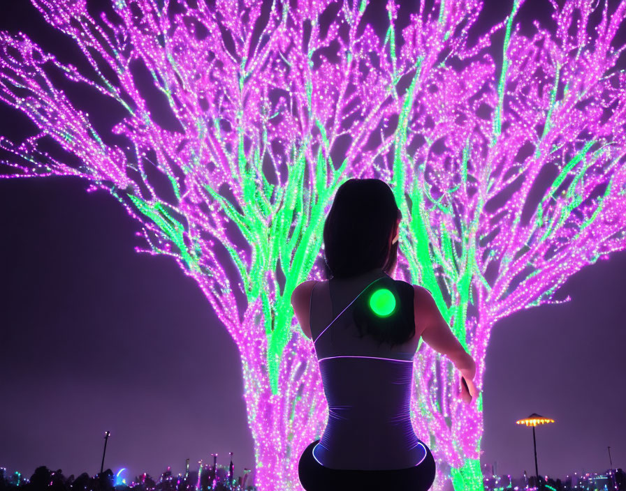 Silhouette facing vibrant purple and green trees under night sky with glowing green light.