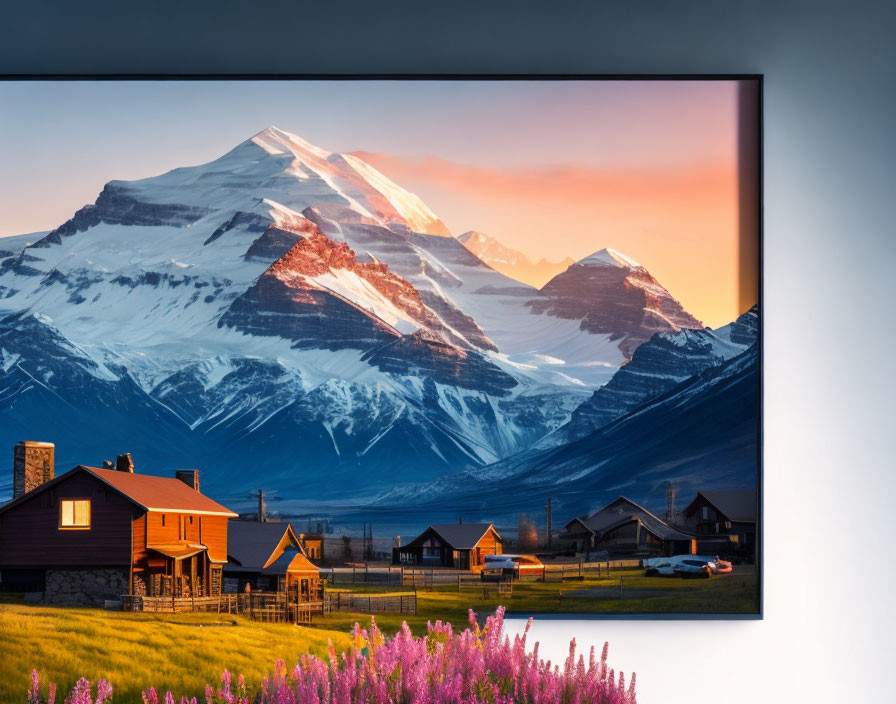 Snow-capped mountain at sunset with houses and vibrant sky