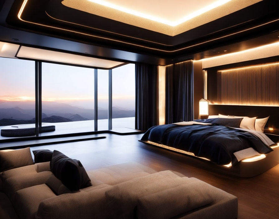 Spacious modern bedroom with mountain view and king-sized bed