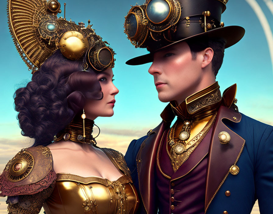 Elaborate Steampunk Couple in Ornate Attire Under Surreal Sky