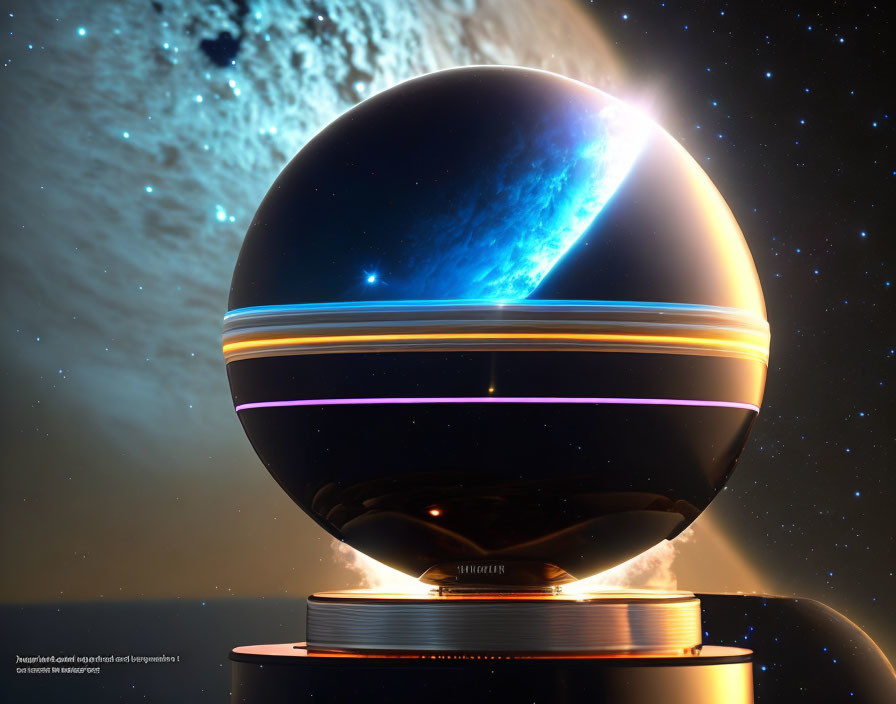 Futuristic spherical object with cosmic scene and asteroid belt.