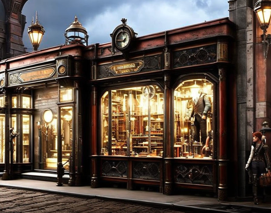 Vintage Shopfront with Ornate Wood Panels and Display Windows at Dusk