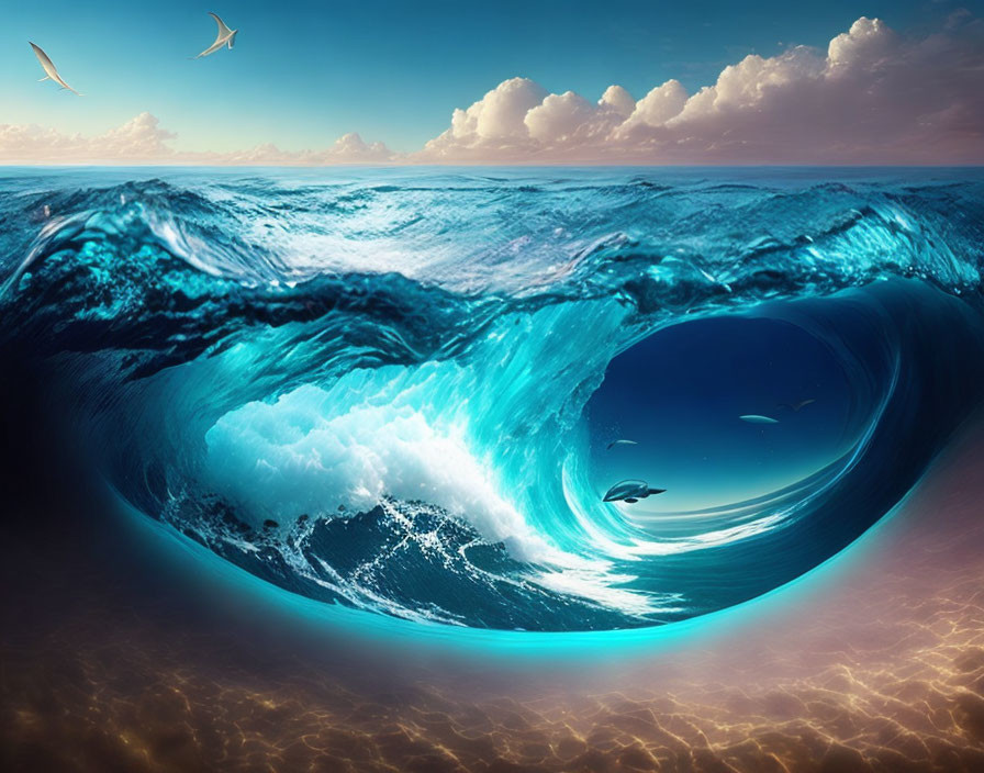 Ocean wave forming perfect circular tube with underwater view and sunset sky.