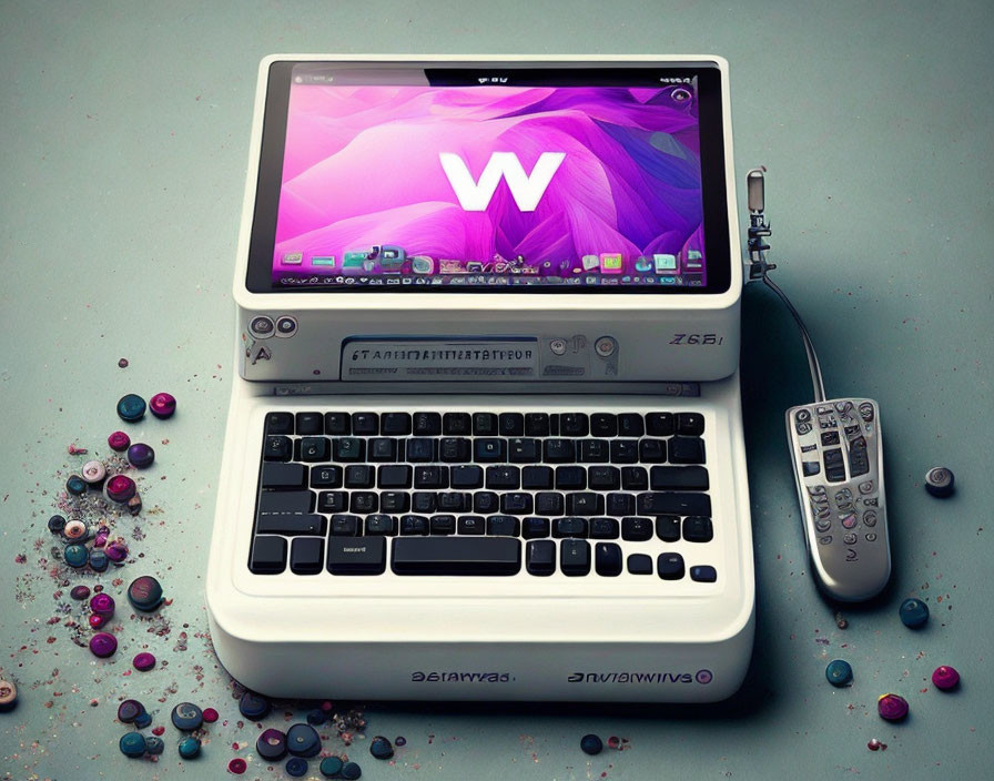 Vintage Typewriter Laptop Fusion with Colorful 'W' Wallpaper and Desk Accessories