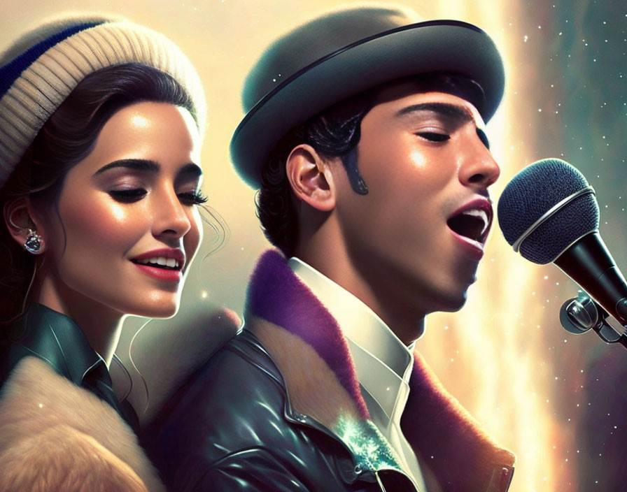 Vintage Duet Singers in Stylized Illustration