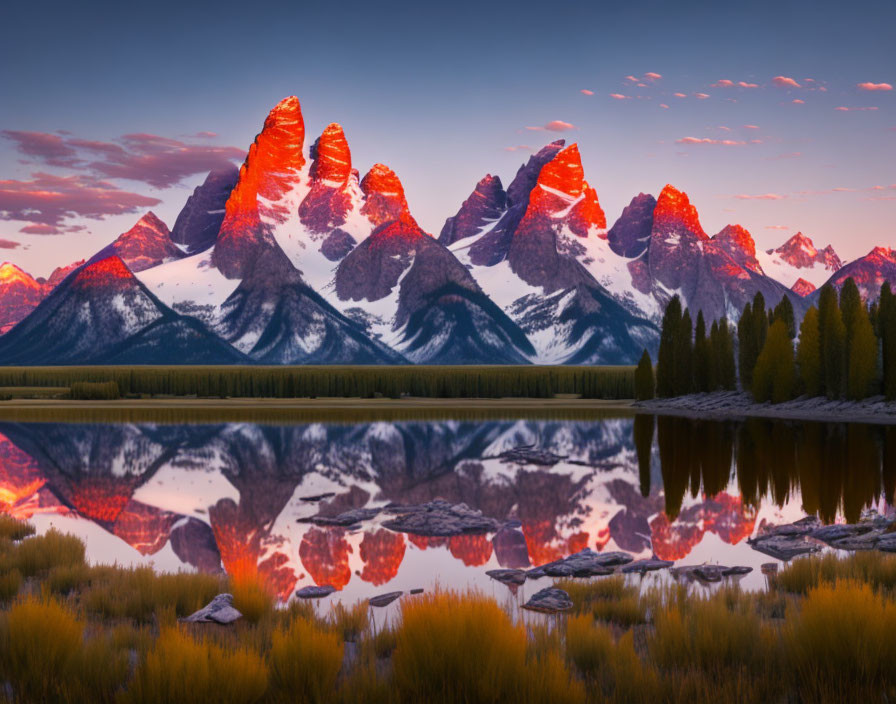 Mountain Peaks Glowing with Alpenglow at Sunrise over Tranquil Lake