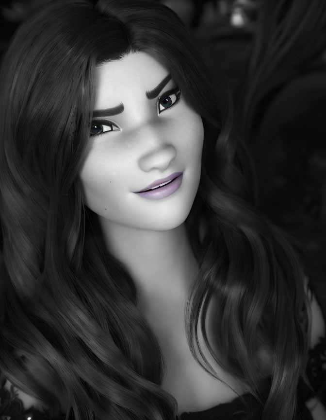 Monochrome 3D-rendered female character with selective lip color and long wavy hair.