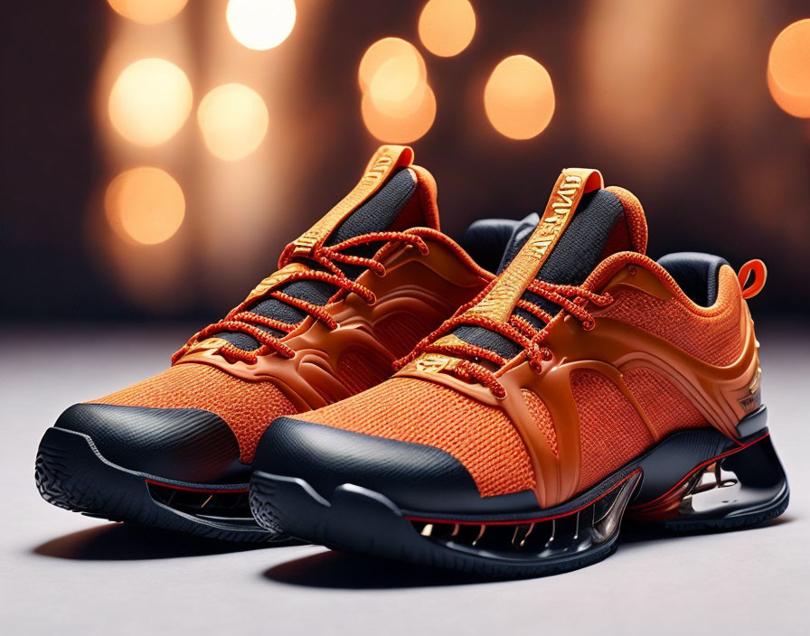 Stylish Orange and Black Sneakers with Modern Design on Warm Bokeh Background