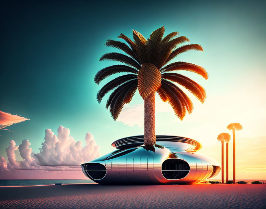 Futuristic silver vehicle under palm tree in desert sunset