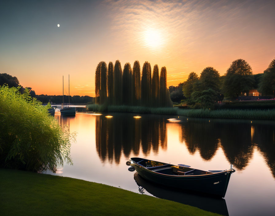 Tranquil lakeside sunset with boat, trees, sun, and moon