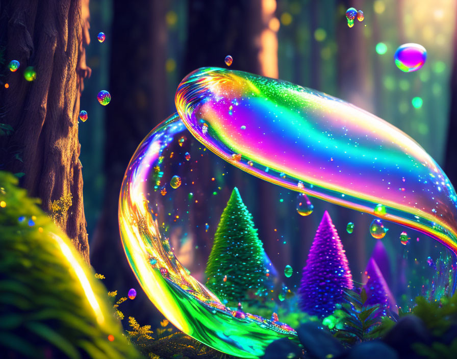 Iridescent Bubble in Vibrant Forest with Miniature Trees