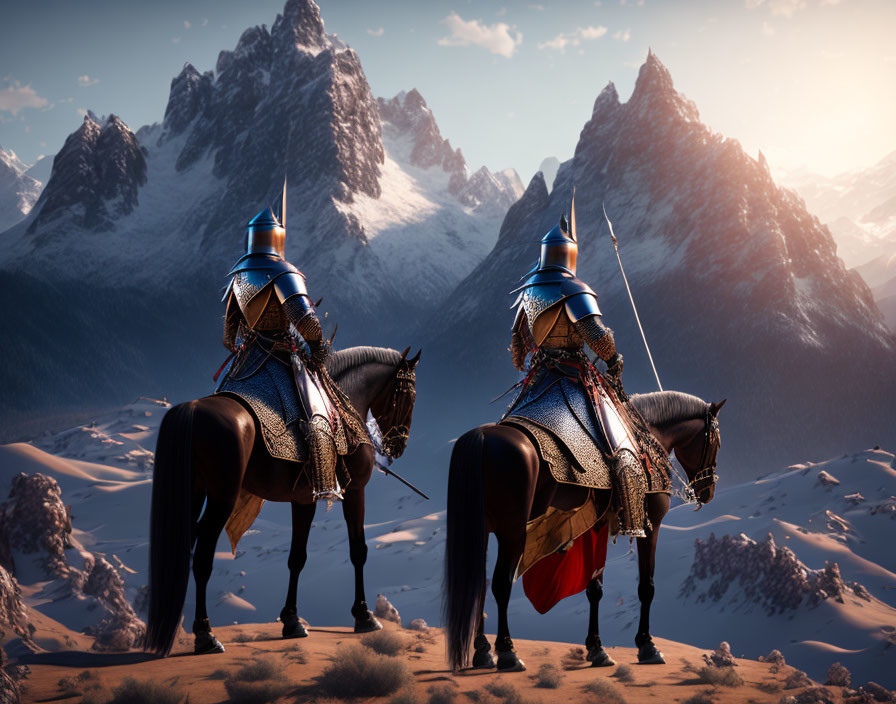 Armored knights on horseback in desert with snow-capped mountains at sunset