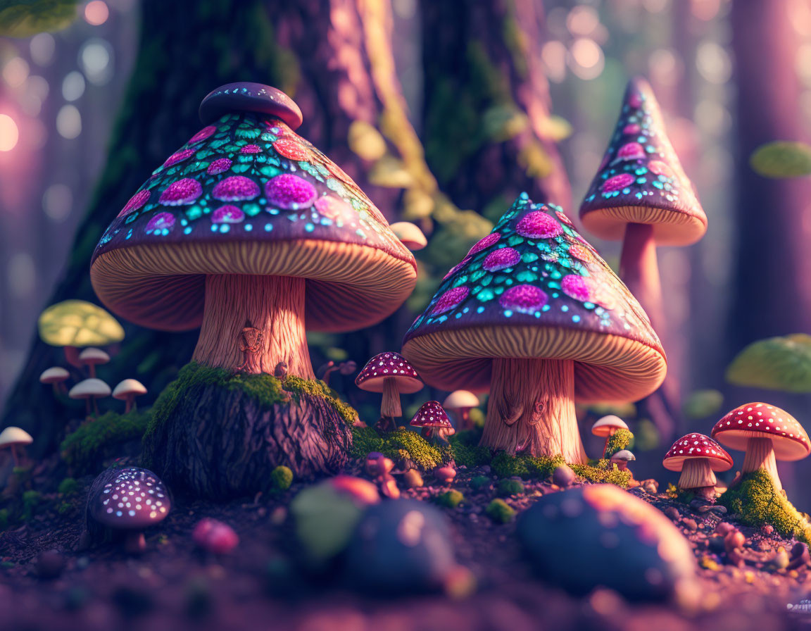 Colorful Glowing Mushrooms in Mystical Forest