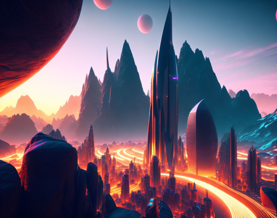 Futuristic cityscape with neon lights and multiple moons.