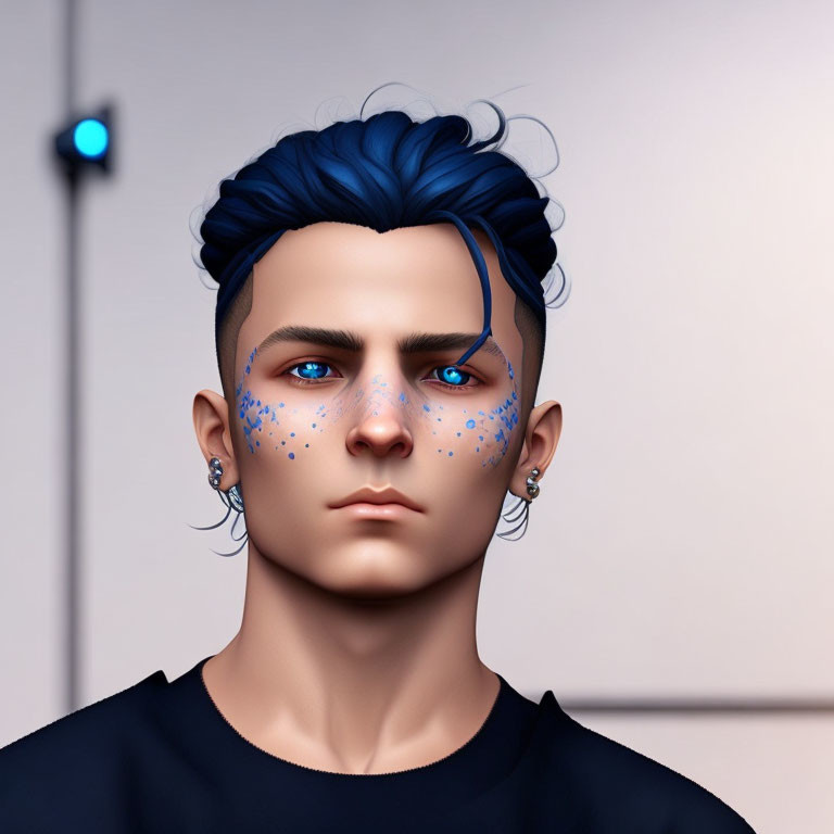 Vivid Blue Hair and Facial Markings in Digital Portrait