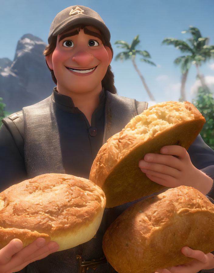 Smiling animated character with bread loaves in tropical setting