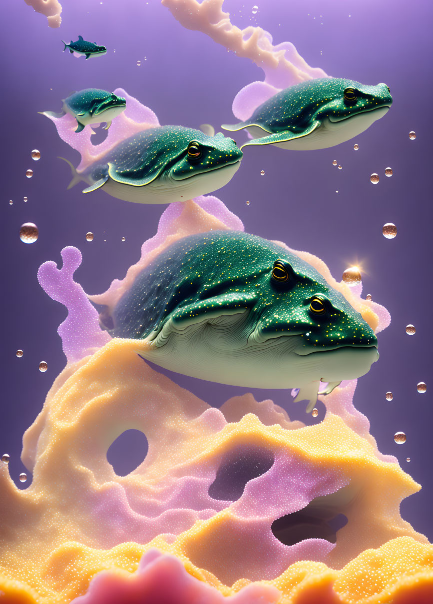 Glittering chameleon-fish hybrids in surreal underwater scene