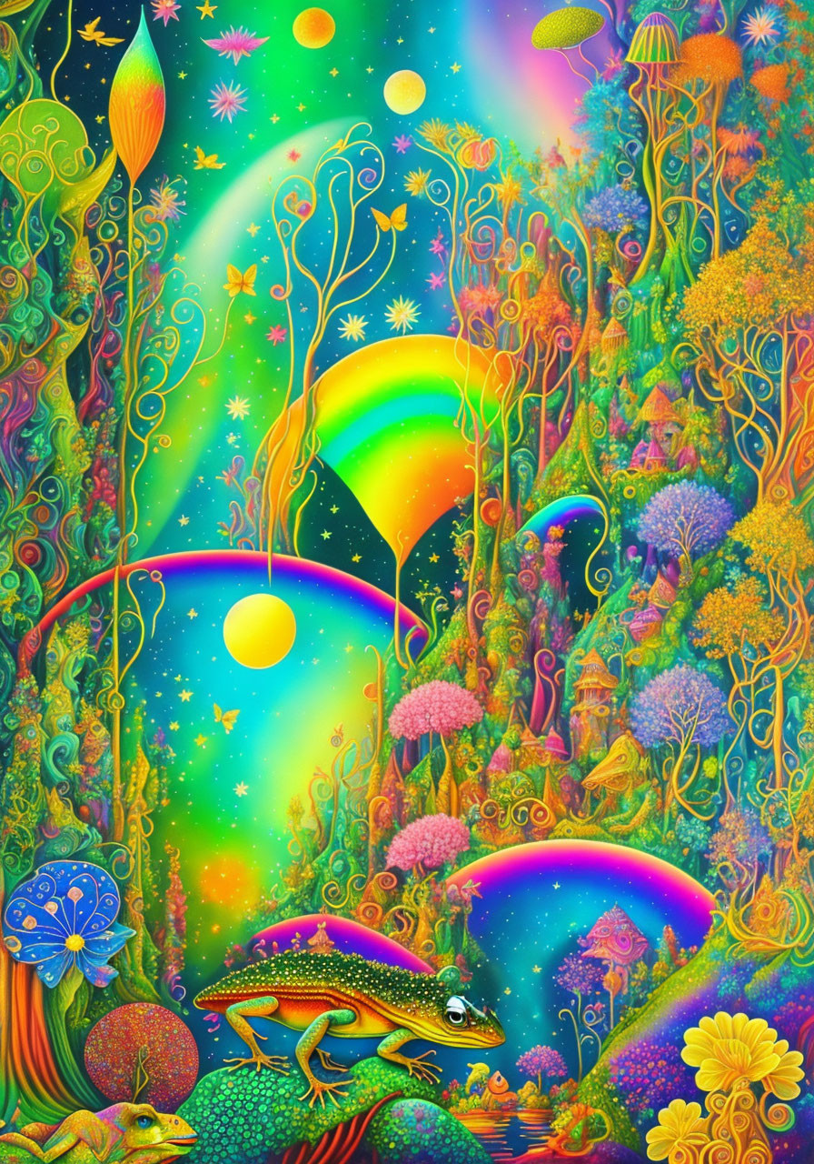 Colorful Psychedelic Forest Artwork with Trees, Plants, Mushrooms, Frog, and Cele