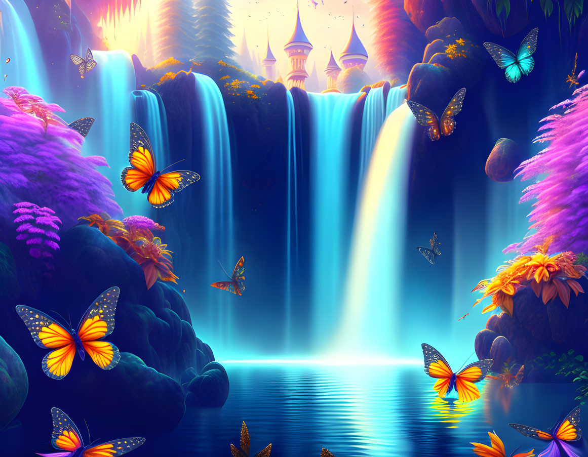 Majestic waterfall in vibrant fantasy landscape