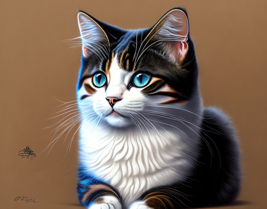 Blue-eyed cat digital painting on tan background