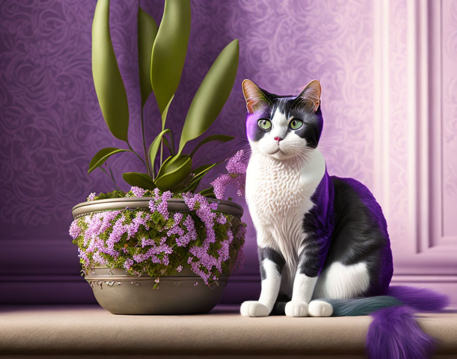 Black and white cat with potted purple flower on purple backdrop