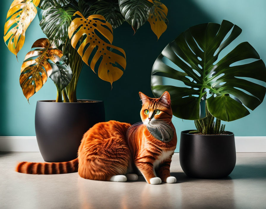 Cat next to monstera 