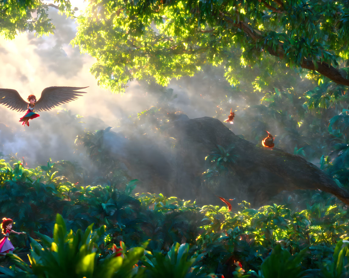 Lush forest scene with sunlight, birds, and foliage shadows