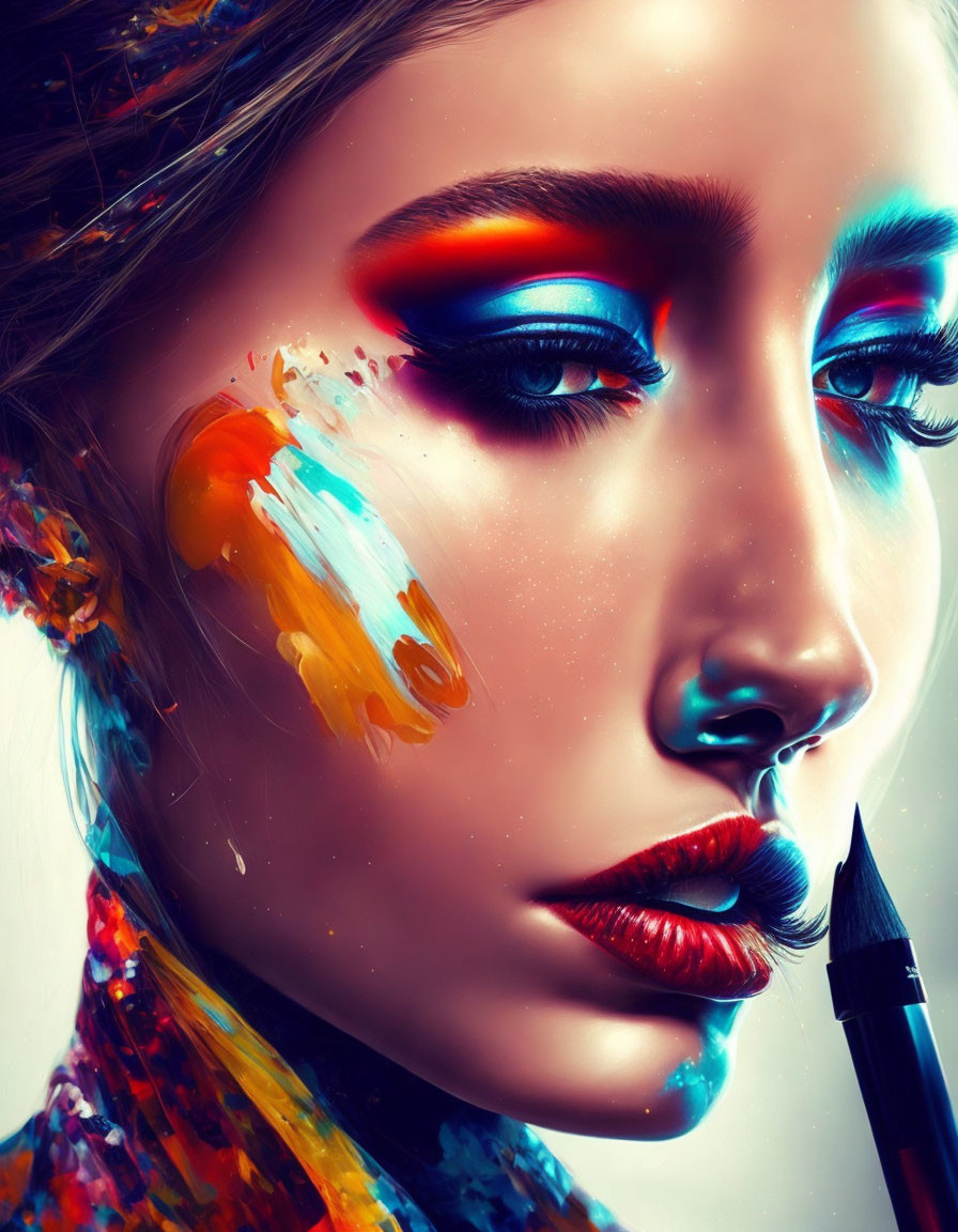 Vibrant close-up of woman with colorful makeup and paint smudges