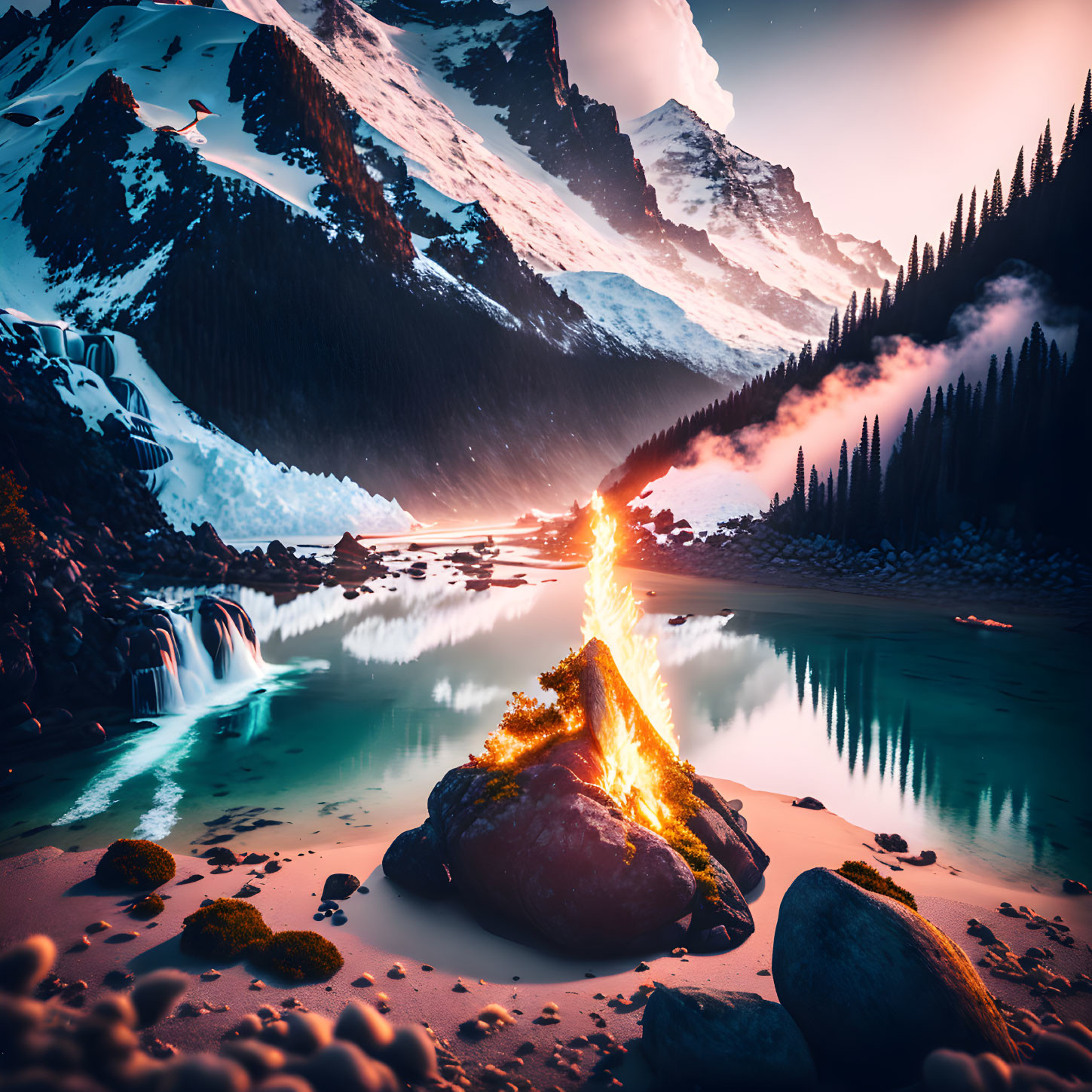 Scenic sunset over mountain landscape with campfire by tranquil lake