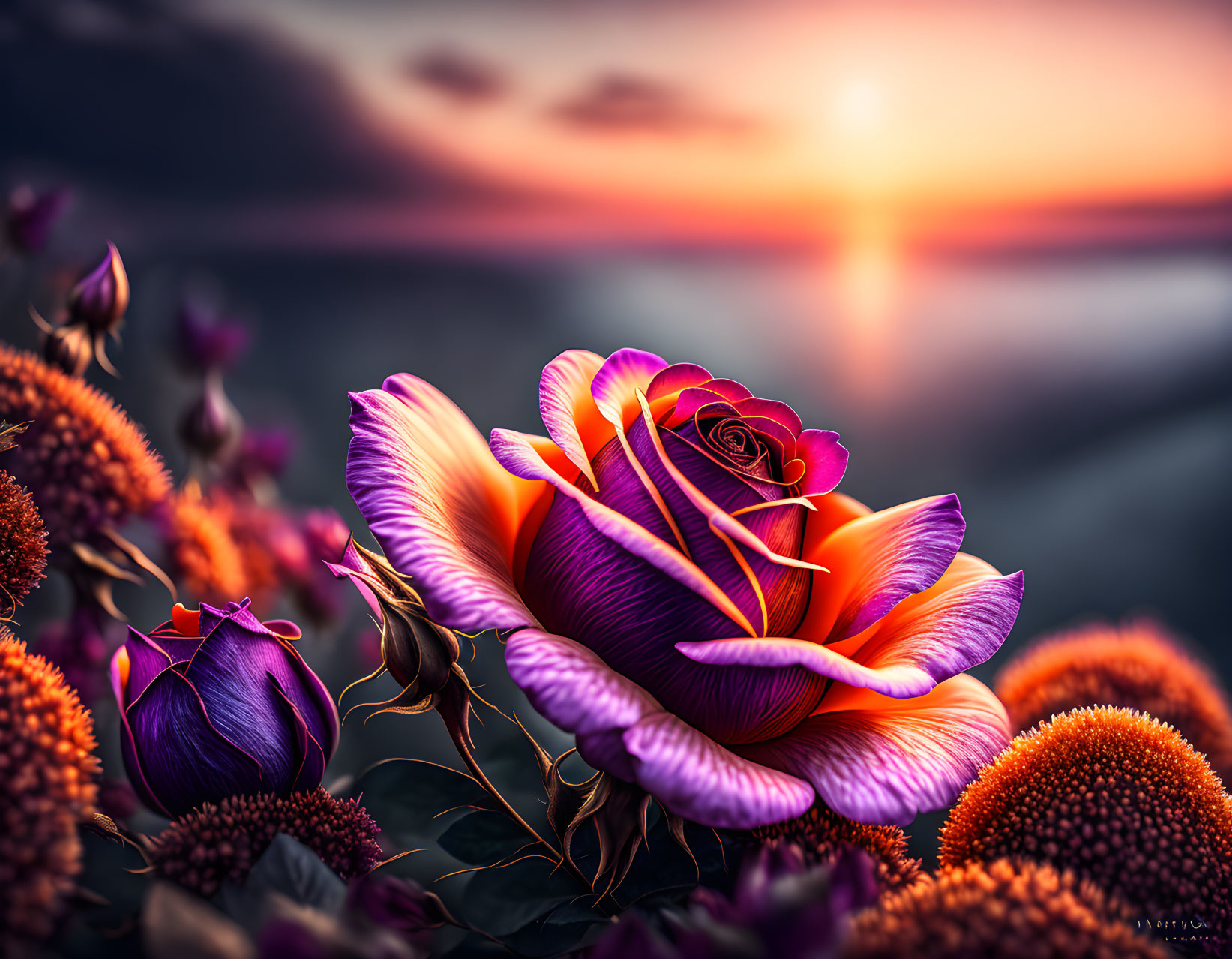 Colorful rose against ocean sunset with flowers in vivid illustration