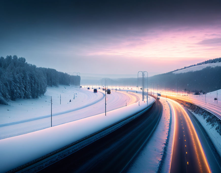 Winter Highway Scene: Snowy Fields & Streetlights at Dusk