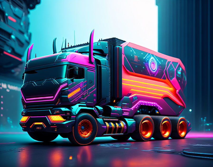 Futuristic neon-lit semi-truck in cyberpunk cityscape