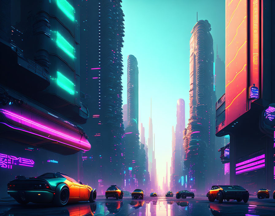 Futuristic cityscape at dusk with neon lights and skyscrapers