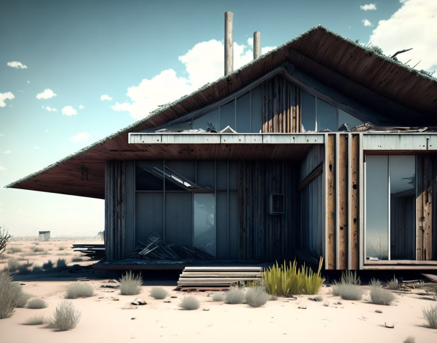 Deserted wooden house in sandy landscape under clear sky