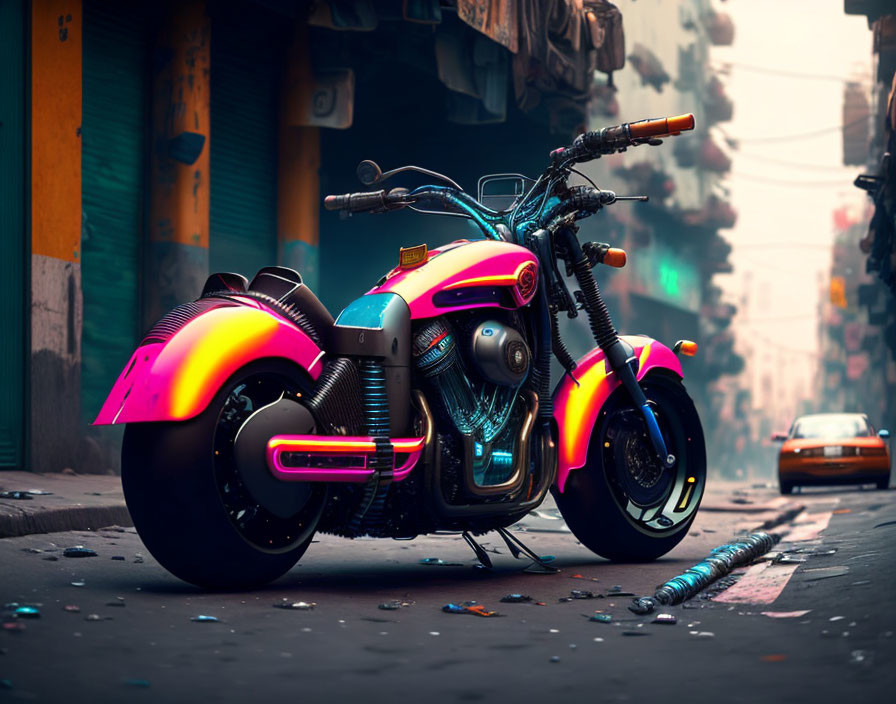 Neon-Colored Motorcycle with Glowing Accents in Moody Urban Setting