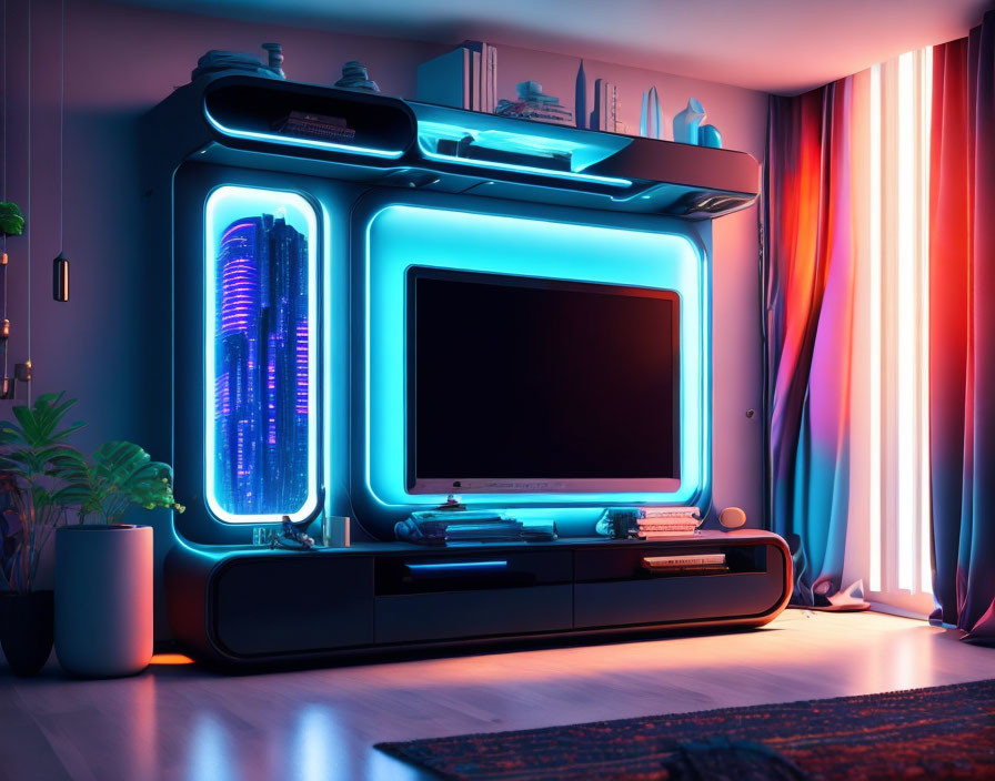 Futuristic room with neon blue lighting and advanced computer setup