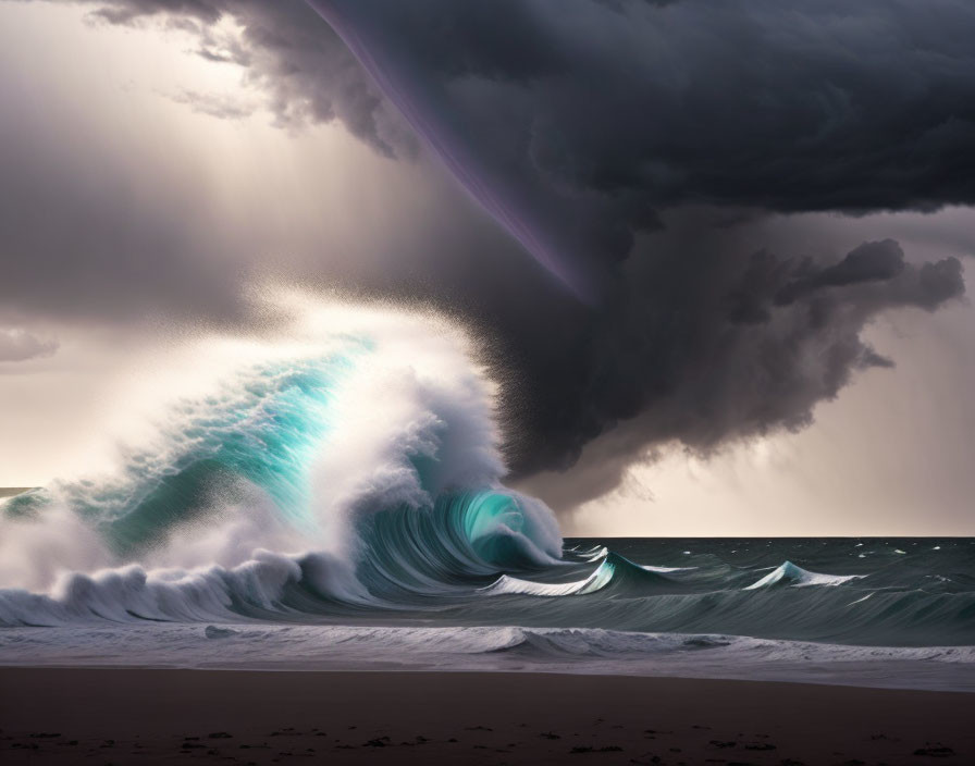 Brooding sky over large turquoise ocean wave