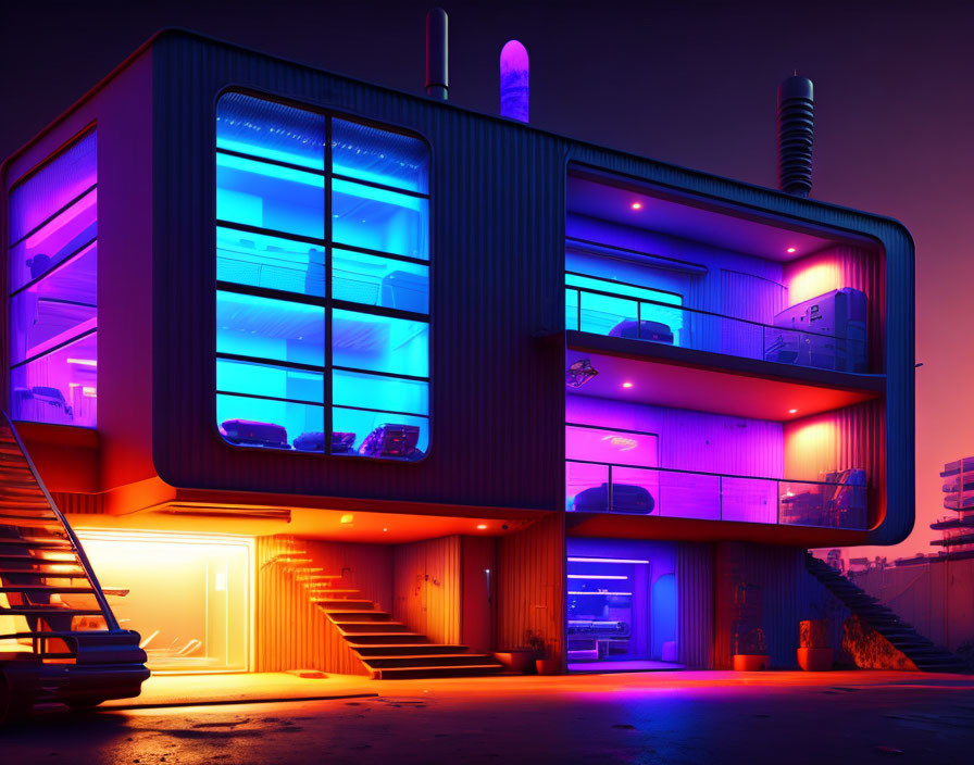 Futuristic House with Neon Purple and Blue Lighting