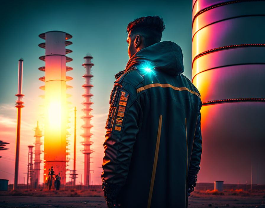 Stylish man in jacket against futuristic industrial backdrop